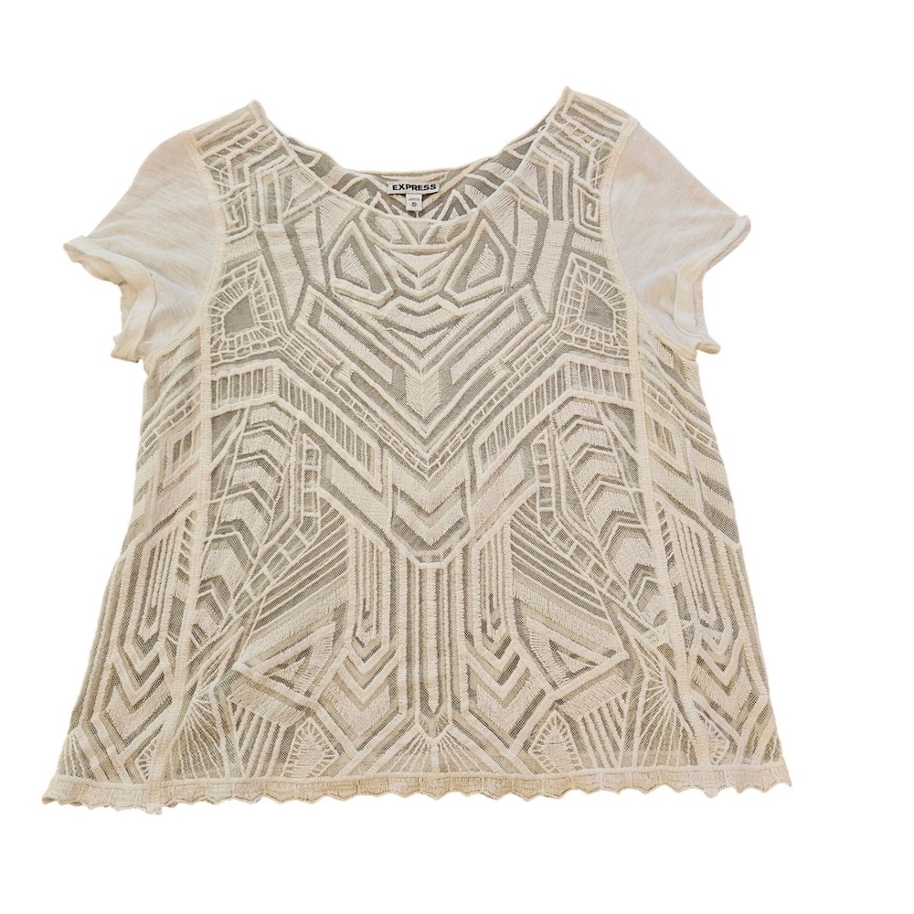 Express White Geometric Lace Embroidered Short Sleeve Top XS